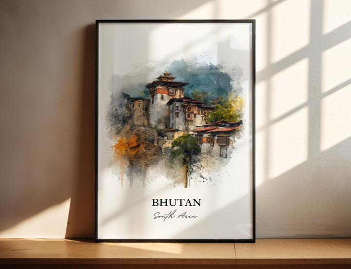 Bhutan Wall Art, Bhutan Print, Bhutan Watercolor Art, Bhutan Gift, Travel Print, Travel Poster, Housewarming Gift