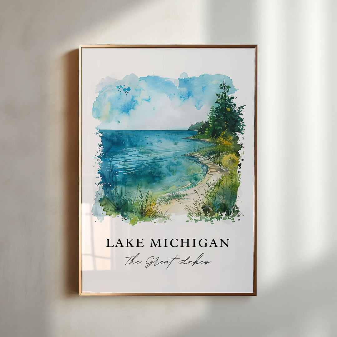 Lake Michigan Wall Art, Lake Michigan Print, The Great Lakes Watercolor, Great Lakes Gift,