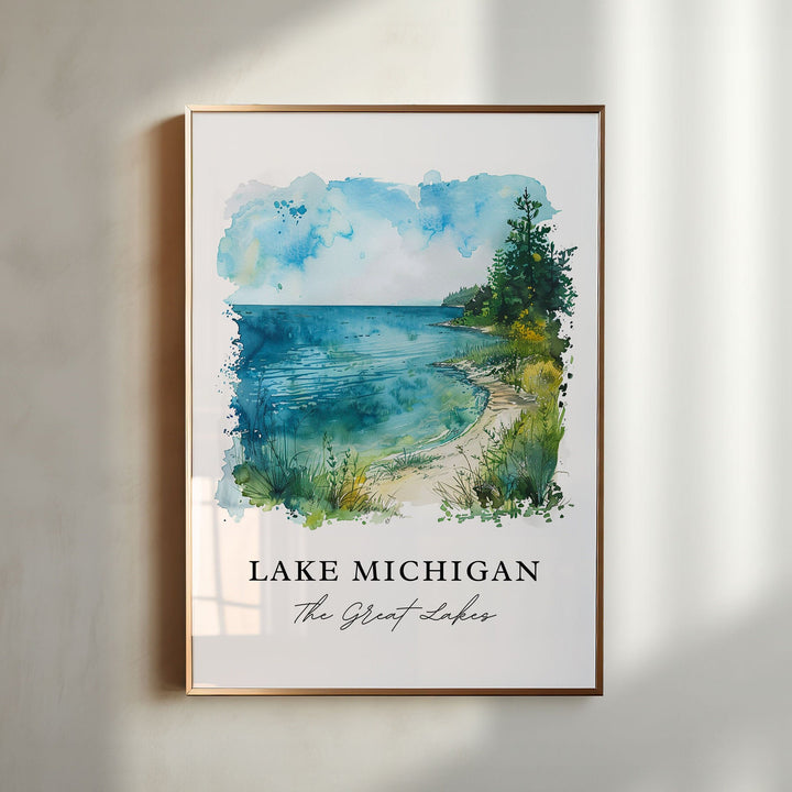 Lake Michigan Wall Art, Lake Michigan Print, The Great Lakes Watercolor, Great Lakes Gift,