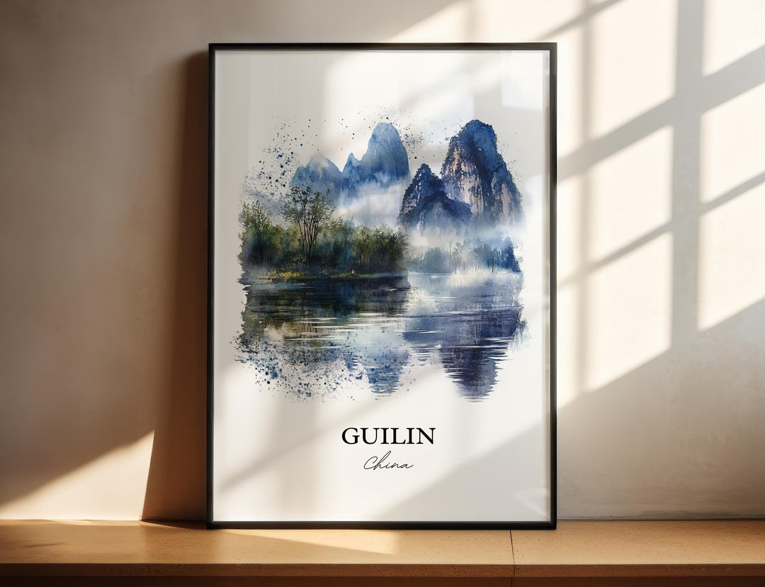 Guilin China Wall Art, Guangxi Zhuang Print, China Watercolor Art, Guilin Gift, Travel Print, Travel Poster, Housewarming Gift