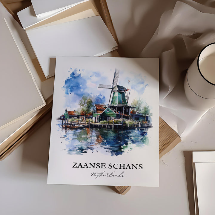 Zaanse Schans Wall Art, Zaandam Print, Netherlands Watercolor Art, Zaanse Schans Gift, Travel Print, Travel Poster, Housewarming Gift