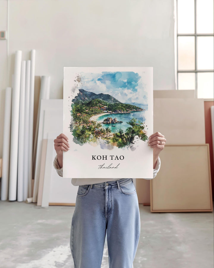 a woman holding up a picture of a tropical island