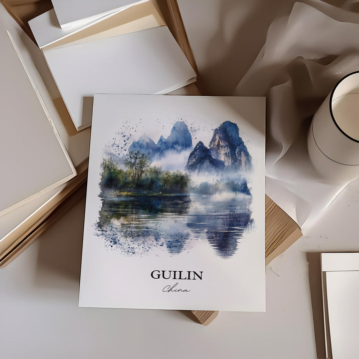 Guilin China Wall Art, Guangxi Zhuang Print, China Watercolor Art, Guilin Gift, Travel Print, Travel Poster, Housewarming Gift