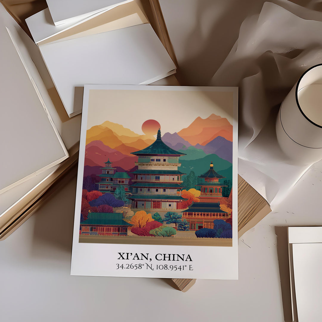 Xi'an China Art, Xi'an China Retro Travel Art, Xi'an Home Decor, Xi'an China Gift, China Travel Art, Travel Prints, Housewarming Gift