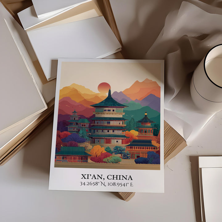 Xi'an China Art, Xi'an China Retro Travel Art, Xi'an Home Decor, Xi'an China Gift, China Travel Art, Travel Prints, Housewarming Gift