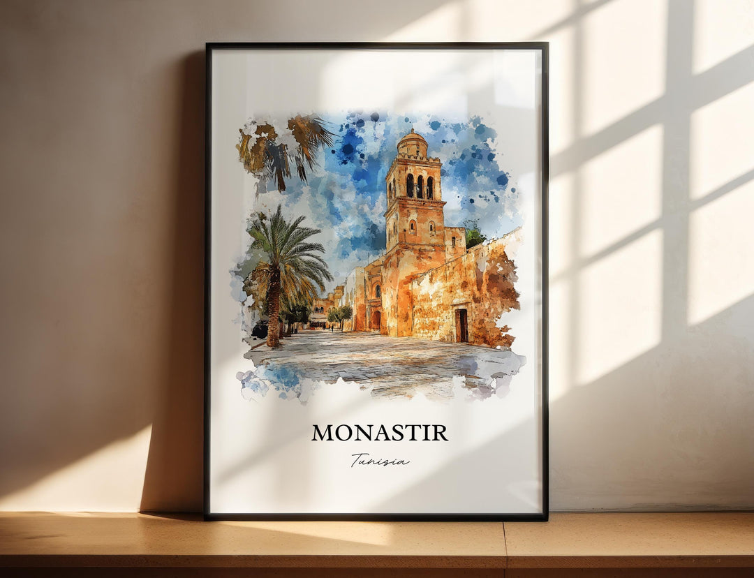 Monastir Wall Art, Sahel Area Print, Tunisia Watercolor Art, Monastir Tunisia Gift, Travel Print, Travel Poster, Housewarming Gift