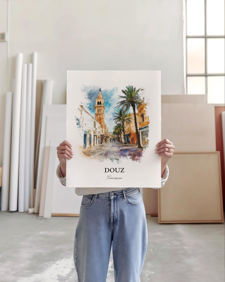 Douz Tunisia Wall Art, Sahara Desert Print, Tunisia Watercolor Art, Douz Tunisia Gift, Travel Print, Travel Poster, Housewarming Gift