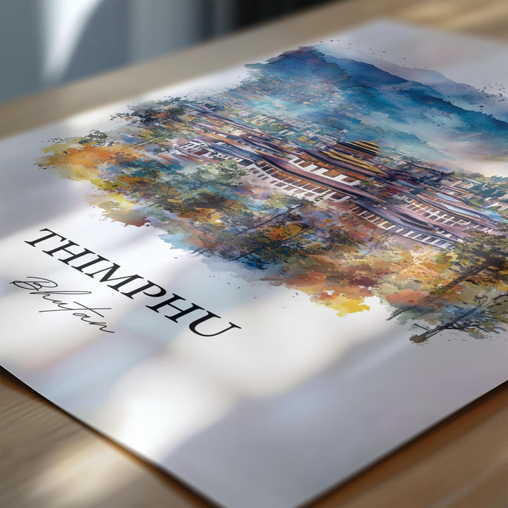 Thimphu Wall Art, Thimphu Bhutan Print, Bhutan Watercolor Art, Thimphu Bhutan Gift, Travel Print, Travel Poster, Housewarming Gift