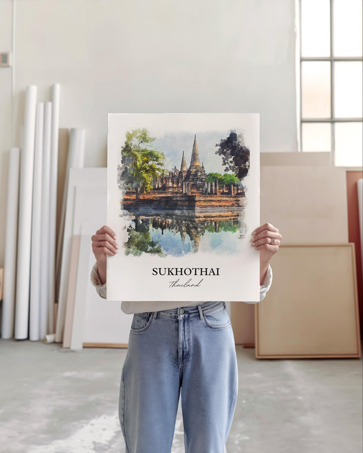Sukhothai Wall Art, Thani Print, Thailand Watercolor Art, Sukhothai Gift, Travel Print, Travel Poster, Housewarming Gift