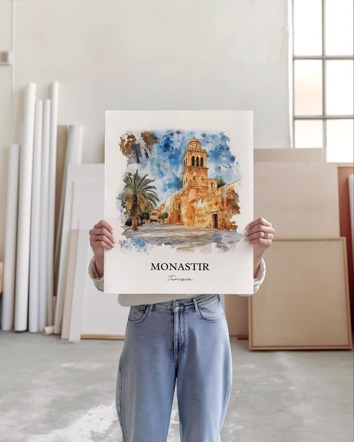 Monastir Wall Art, Sahel Area Print, Tunisia Watercolor Art, Monastir Tunisia Gift, Travel Print, Travel Poster, Housewarming Gift