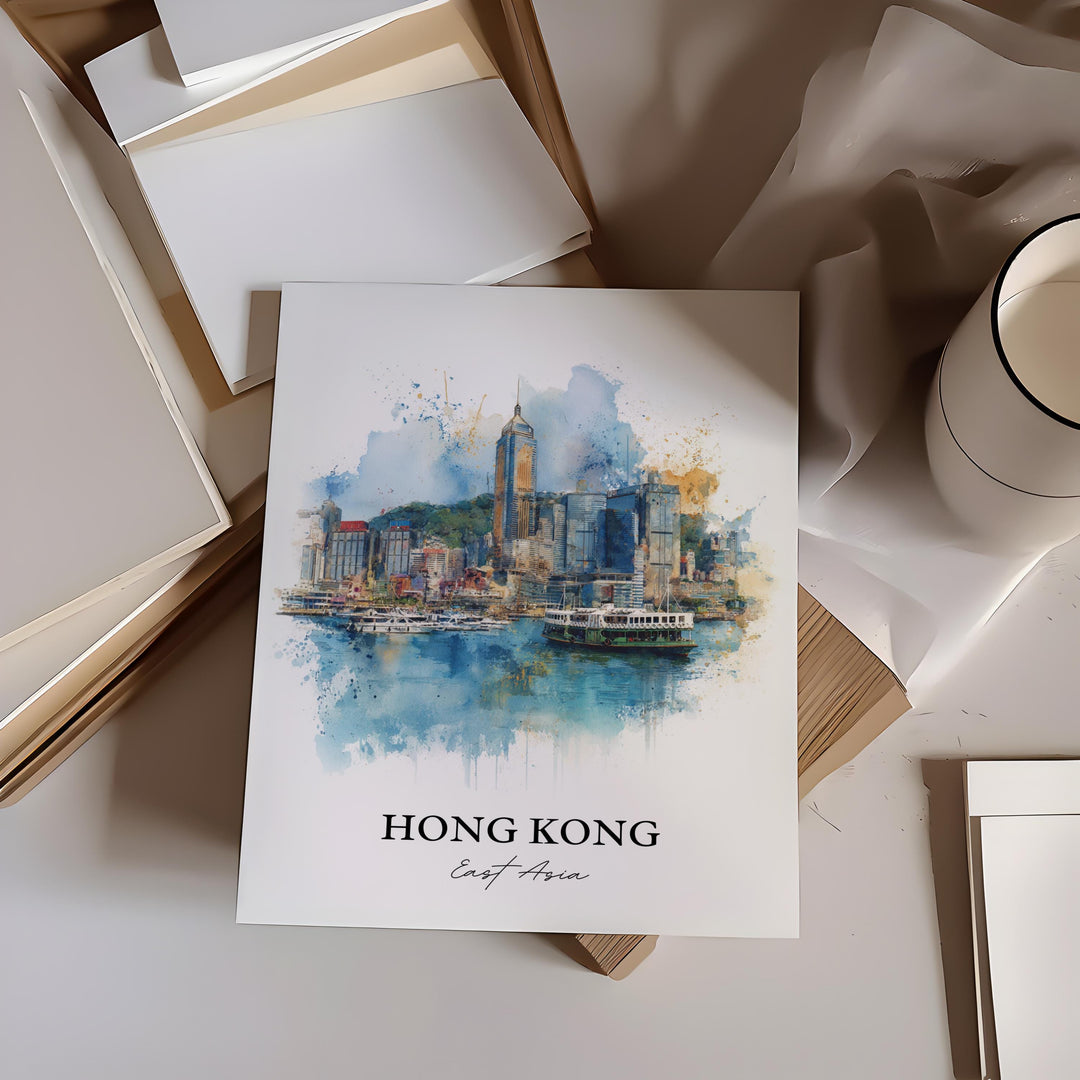 Hong Kong Wall Art, Hong Kong Skyline Print, China Watercolor Art, Hong Kong Gift, Travel Print, Travel Poster, Housewarming Gift