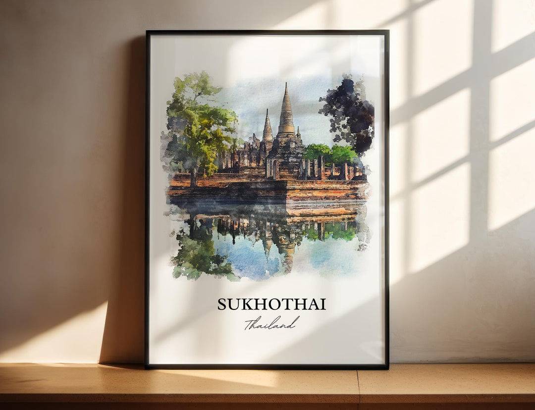 Sukhothai Wall Art, Thani Print, Thailand Watercolor Art, Sukhothai Gift, Travel Print, Travel Poster, Housewarming Gift