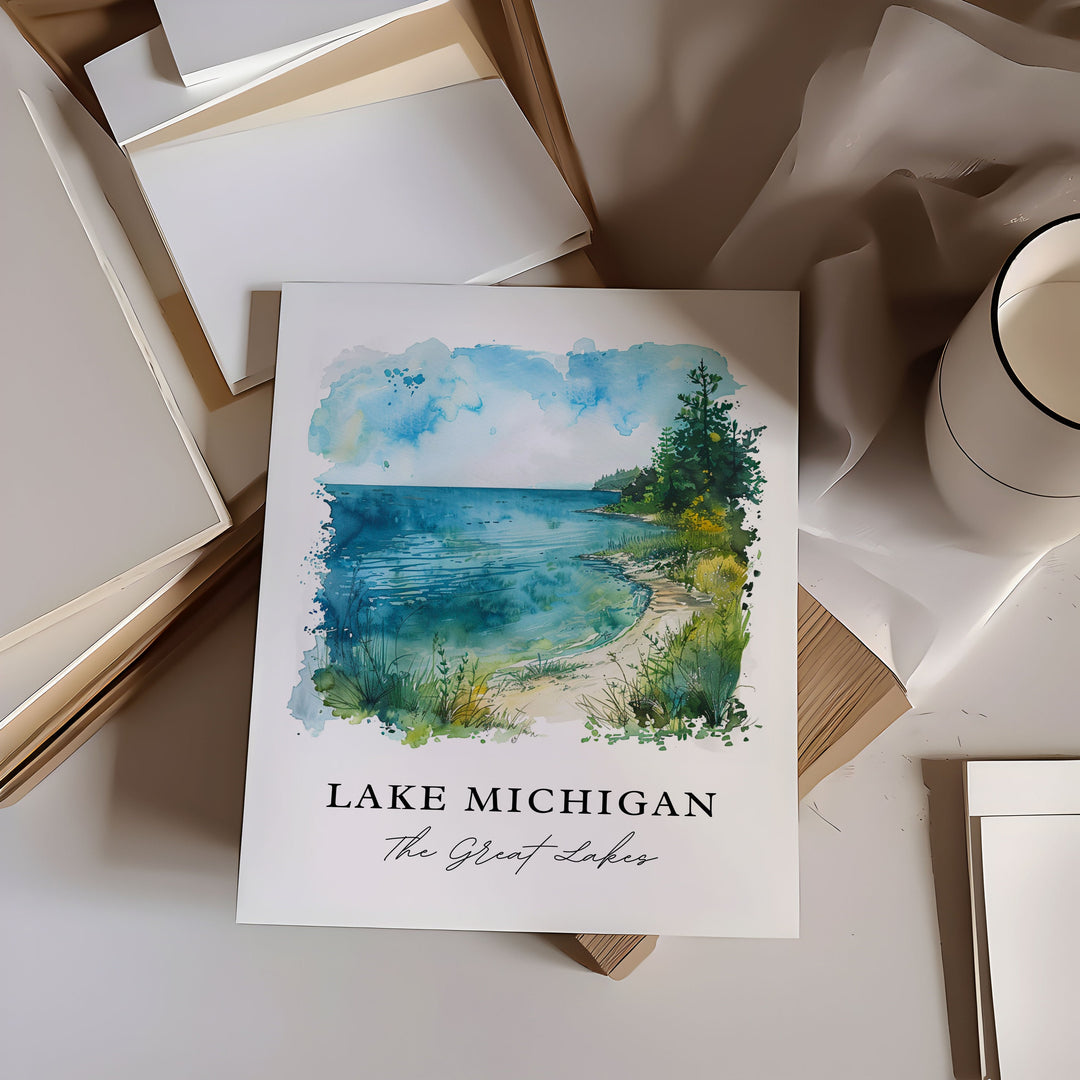 Lake Michigan Wall Art, Lake Michigan Print, The Great Lakes Watercolor, Great Lakes Gift,