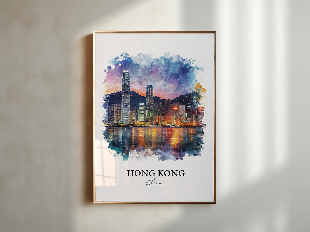 Hong Kong Wall Art, Hong Kong Skyline Print, China Watercolor Art, Hong Kong Gift, Travel Print, Travel Poster, Housewarming Gift