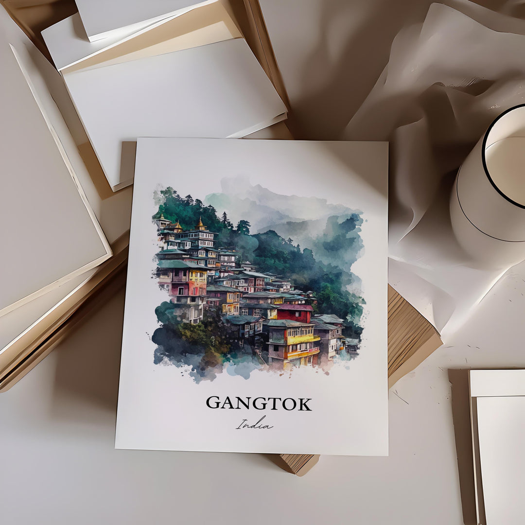 Gangtok Wall Art, Sikkim Print, India Watercolor Art, Gangtok India Gift, Travel Print, Travel Poster, Housewarming Gift