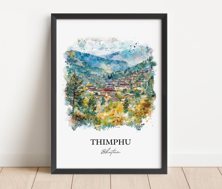 Thimphu Wall Art, Thimphu Skyline Print, Bhutan Watercolor Art, Thimphu Bhutan Gift, Travel Print, Travel Poster, Housewarming Gift