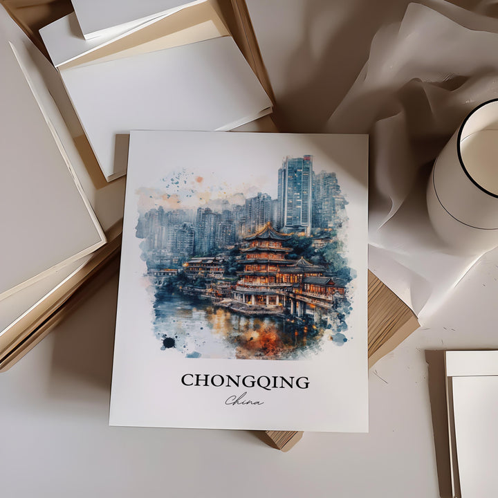Chongqing China Wall Art, Yangtze Print, China Watercolor Art, Chongqing Gift, Travel Print, Travel Poster, Housewarming Gift