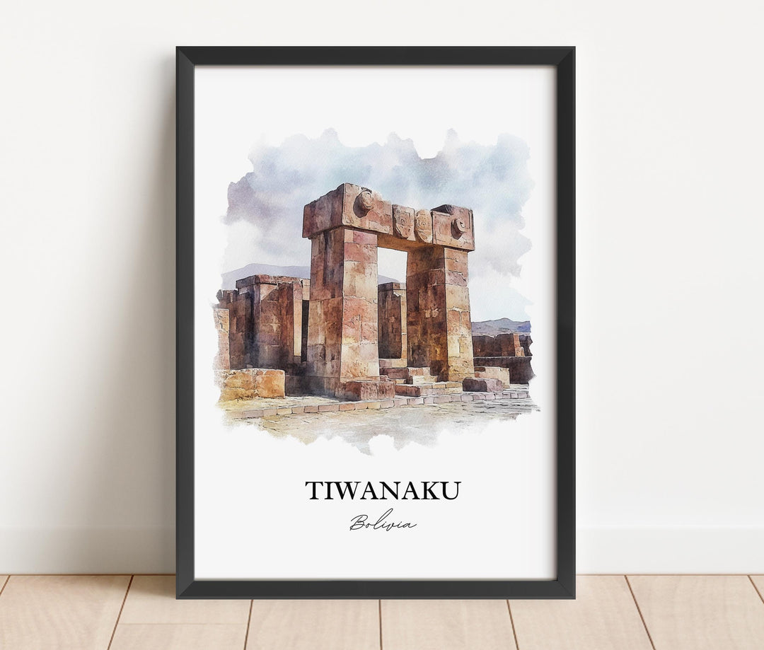 Tiwanaku Wall Art, Lake Titicaca Print, Bolivia Watercolor Art, Tiwanaku Bolivia Gift, Travel Print, Travel Poster, Housewarming Gift