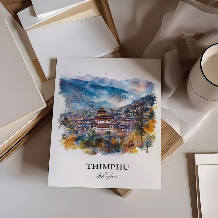 Thimphu Wall Art, Thimphu Bhutan Print, Bhutan Watercolor Art, Thimphu Bhutan Gift, Travel Print, Travel Poster, Housewarming Gift