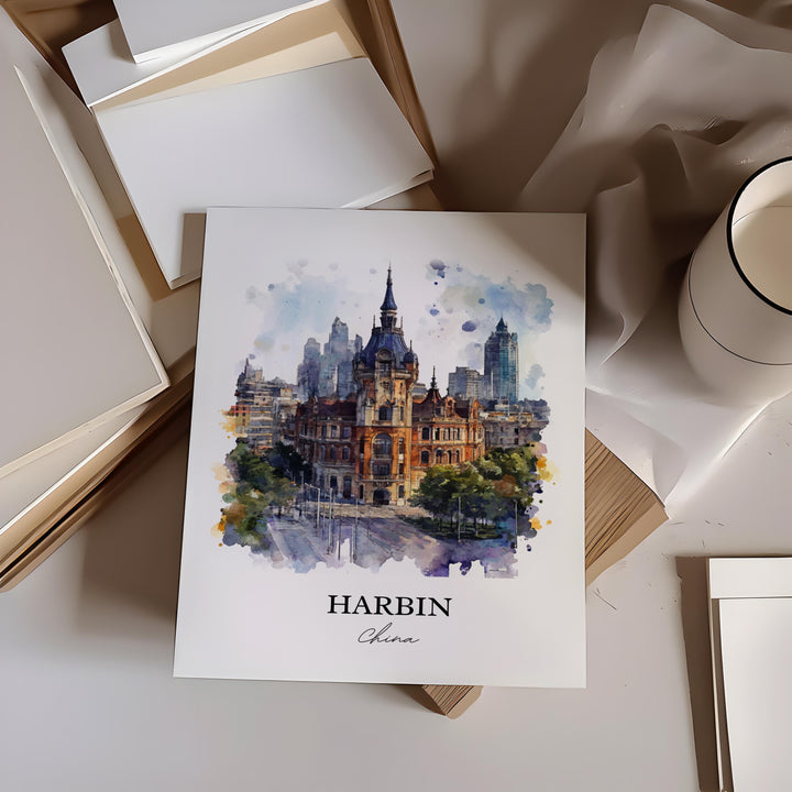 Harbin China Wall Art, Heilongjiang Province Print, China Watercolor Art, Harbin China Gift, Travel Print, Travel Poster, Housewarming Gift