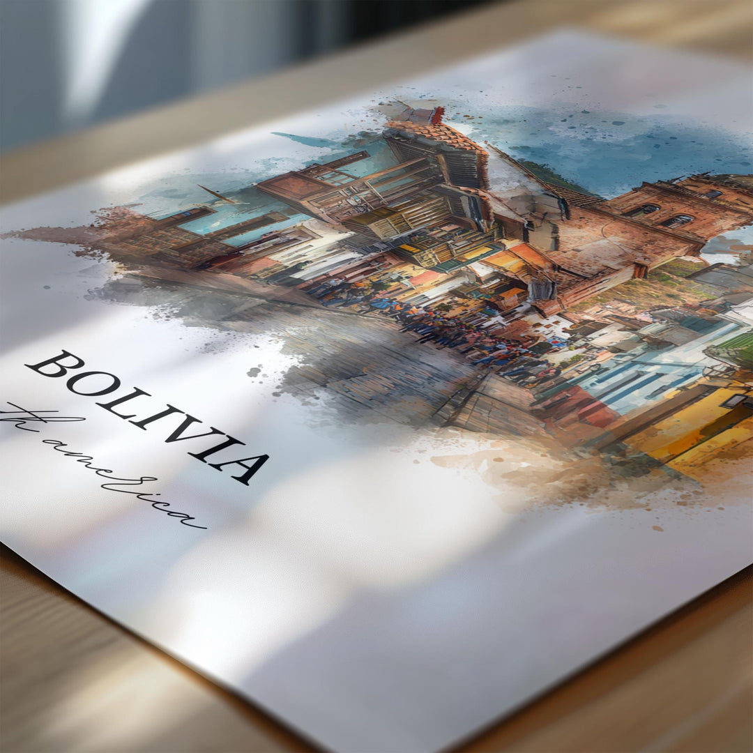 Bolivia Wall Art, Bolivia Print, Bolivia Watercolor Art, Bolivia Country Gift, Travel Print, Travel Poster, Housewarming Gift