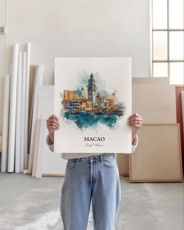 Macao Wall Art, Macao Print, Macao Watercolor Art, Macao China Gift, Travel Print, Travel Poster, Housewarming Gift