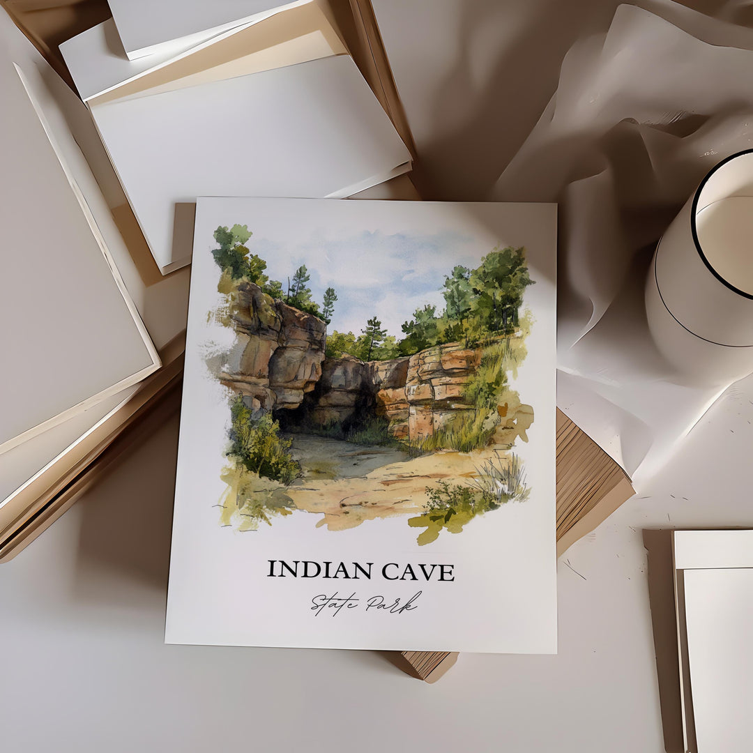 Indian Cave State Park Wall Art, Shubert NE Print, Nebraska Watercolor Art, Indian Cave Gift, Travel Print, Travel Poster, Housewarming Gift