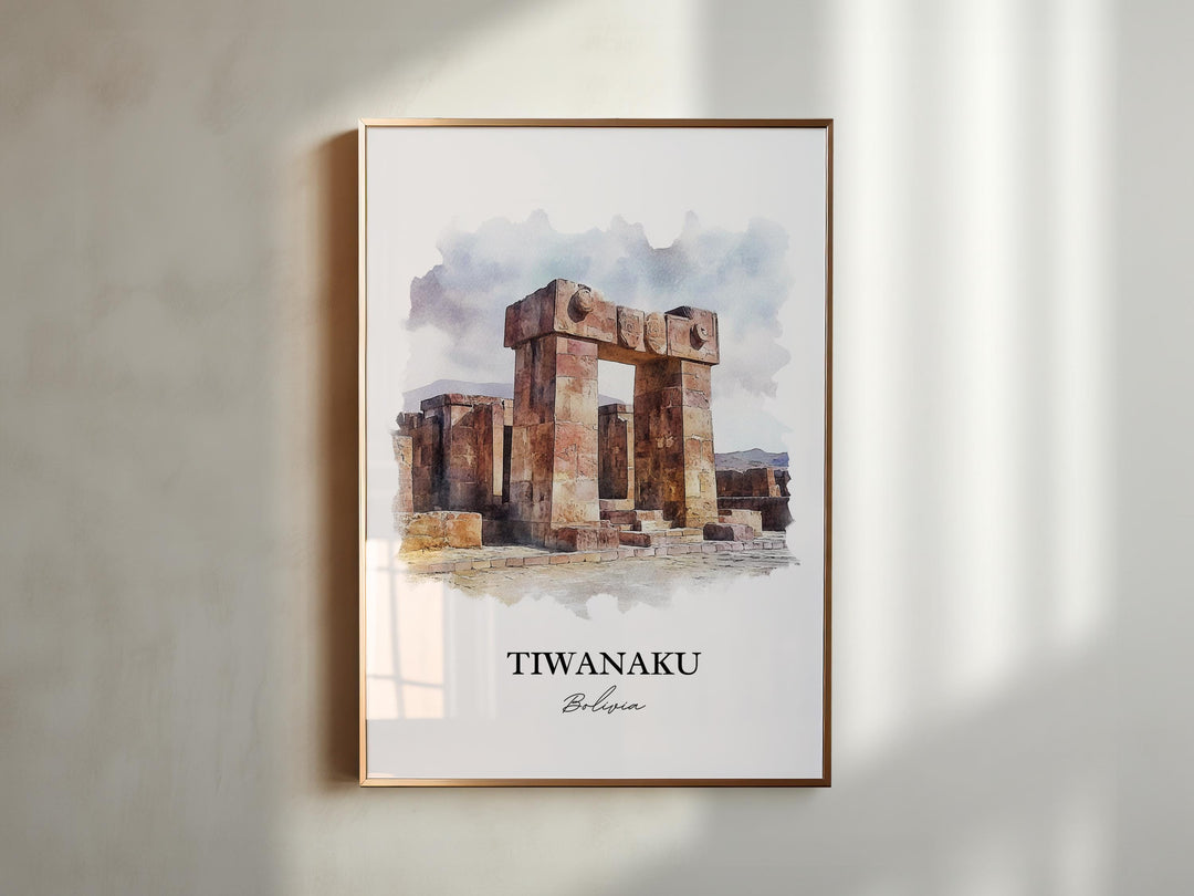 Tiwanaku Wall Art, Lake Titicaca Print, Bolivia Watercolor Art, Tiwanaku Bolivia Gift, Travel Print, Travel Poster, Housewarming Gift
