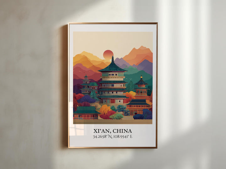 Xi'an China Art, Xi'an China Retro Travel Art, Xi'an Home Decor, Xi'an China Gift, China Travel Art, Travel Prints, Housewarming Gift