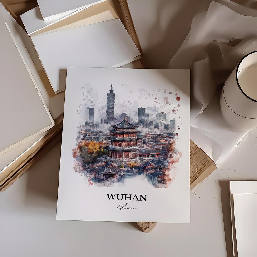 Wuhan China Wall Art, Wuhan Skyline Print, China Watercolor Art, Wuhan China Gift, Travel Print, Travel Poster, Housewarming Gift