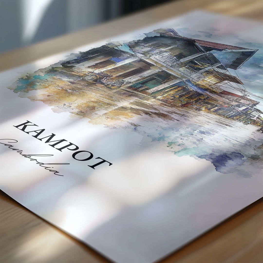 Kampot Wall Art, Preaek Tuek Chhu River Print, Cambodia Watercolor Art, Kampot Cambodia Gift, Travel Print, Travel Poster, Housewarming Gift