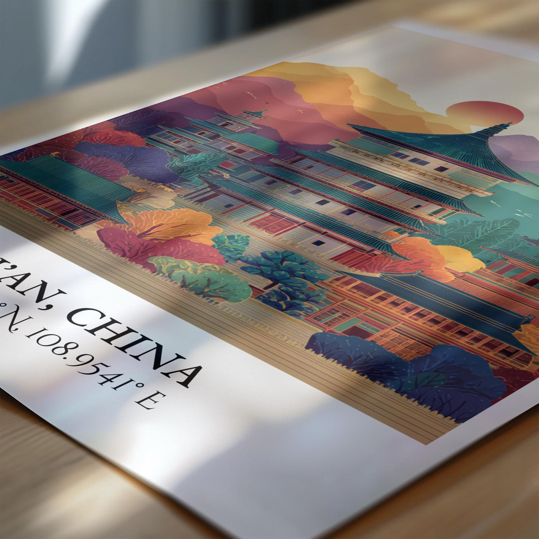 Xi'an China Art, Xi'an China Retro Travel Art, Xi'an Home Decor, Xi'an China Gift, China Travel Art, Travel Prints, Housewarming Gift