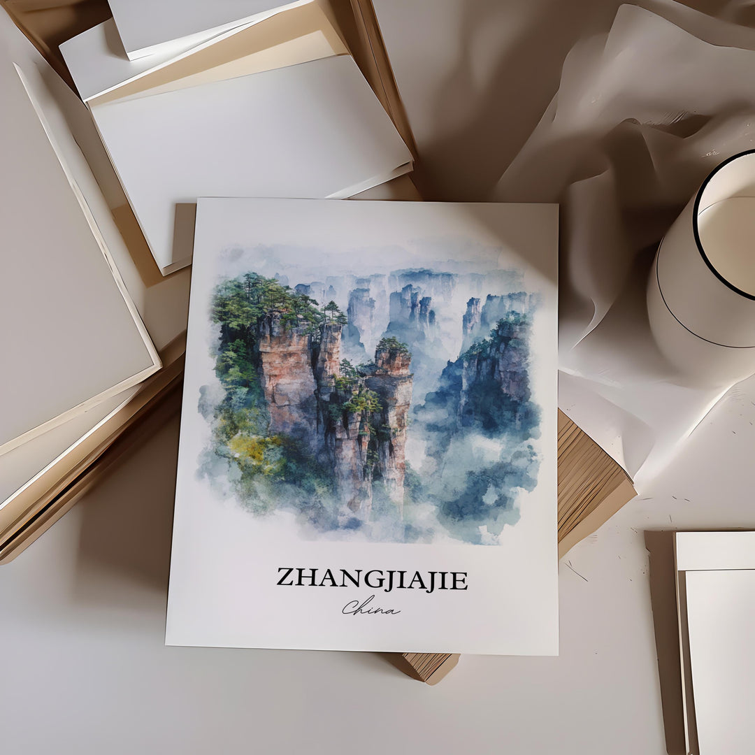 Zhangjiajie Wall Art, Hunan province Print, China Watercolor Art, Zhangjiajie Gift, Travel Print, Travel Poster, Housewarming Gift
