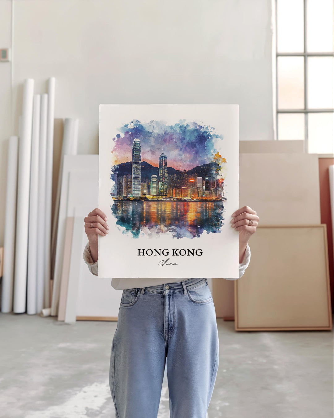 Hong Kong Wall Art, Hong Kong Skyline Print, China Watercolor Art, Hong Kong Gift, Travel Print, Travel Poster, Housewarming Gift