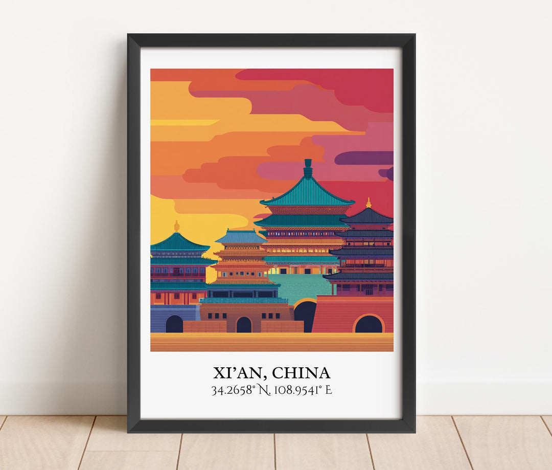 Xi'an China Art, Xi'an China Retro Travel Art, Xi'an China Home Decor, Xi'an Gift, China Travel Art, Travel Prints, Housewarming Gift