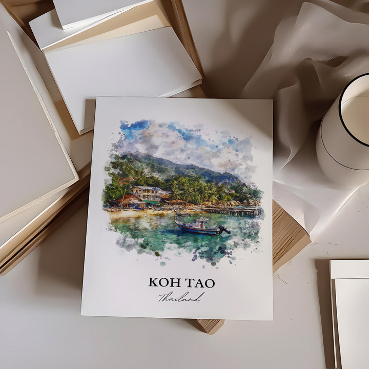 Koh Tao Wall Art, Mae Haad Beach Print, Thailand Watercolor Art, Koh Tao Gift, Travel Print, Travel Poster, Housewarming Gift