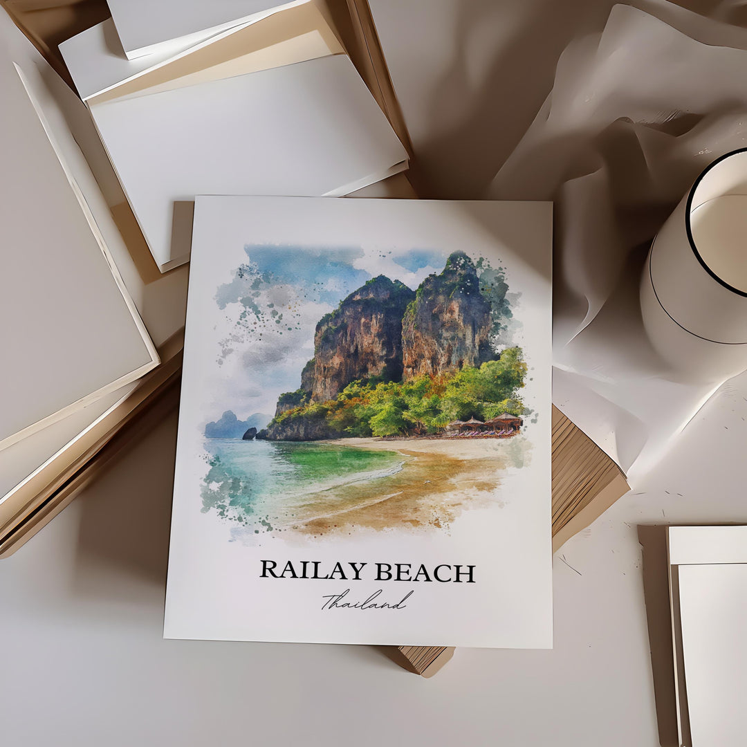 Railay Beach Wall Art, Rai Leh Thailand Print, Thailand Watercolor Art, Railay Beach Gift, Travel Print, Travel Poster, Housewarming Gift