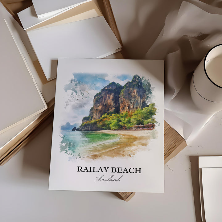 Railay Beach Wall Art, Rai Leh Thailand Print, Thailand Watercolor Art, Railay Beach Gift, Travel Print, Travel Poster, Housewarming Gift