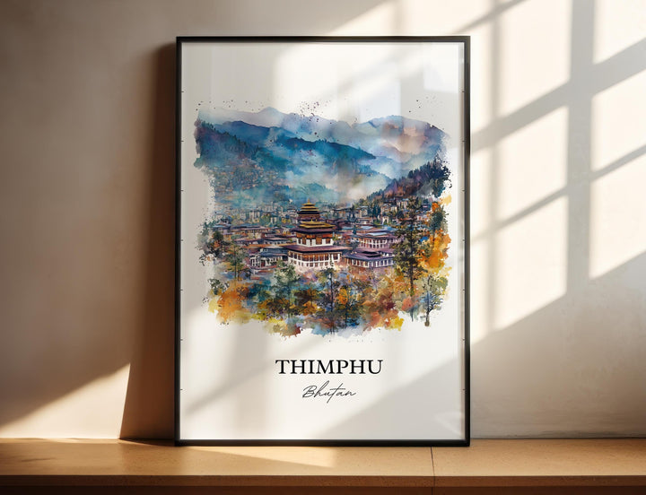 Thimphu Wall Art, Thimphu Bhutan Print, Bhutan Watercolor Art, Thimphu Bhutan Gift, Travel Print, Travel Poster, Housewarming Gift
