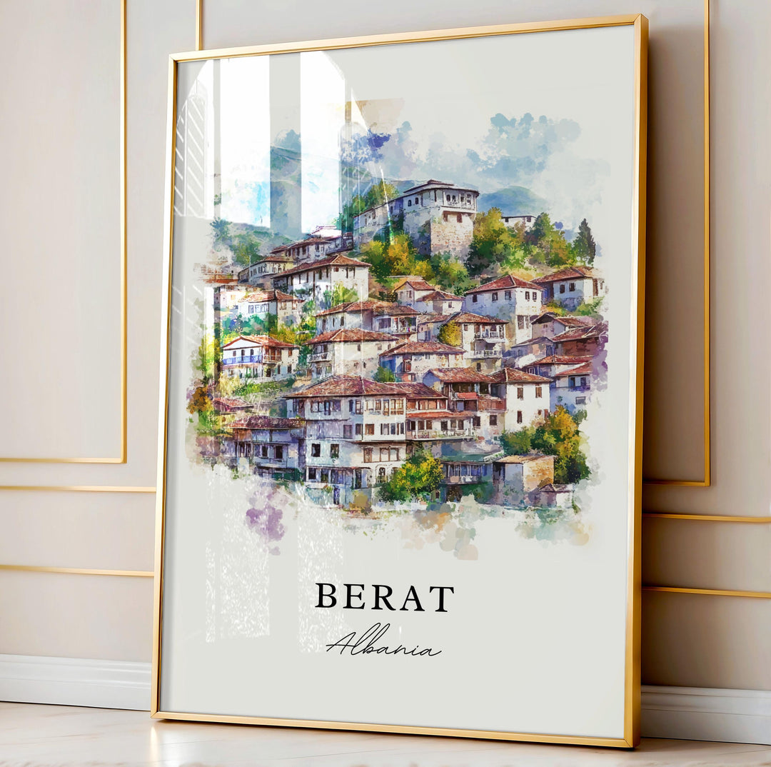 Berat Wall Art, Berat Albania Print, Berat Watercolor Art, Albania Gift, Travel Print, Travel Poster, Housewarming Gift