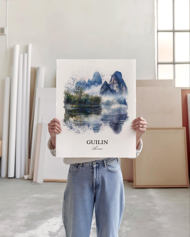 Guilin China Wall Art, Guangxi Zhuang Print, China Watercolor Art, Guilin Gift, Travel Print, Travel Poster, Housewarming Gift