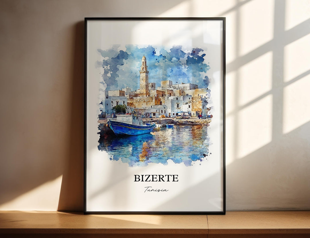 Bizerte Wall Art, Bizerte Tunisia Print, Tunisia Watercolor Art, Bizerte Gift, Travel Print, Travel Poster, Housewarming Gift