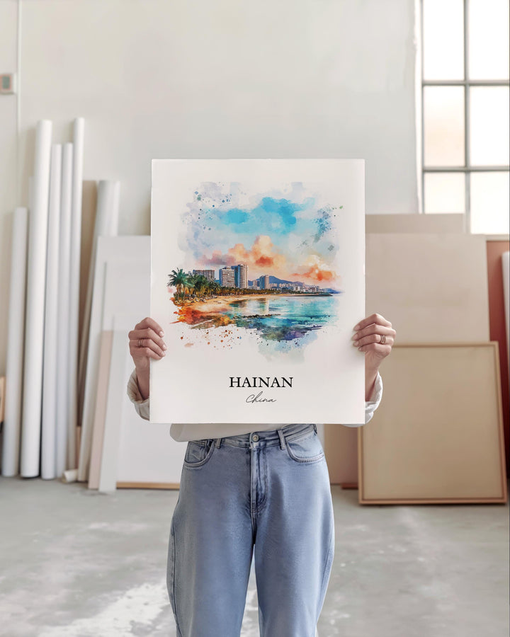 Hainan China Wall Art, Sanya Print, China Watercolor Art, Hainan China Gift, Travel Print, Travel Poster, Housewarming Gift