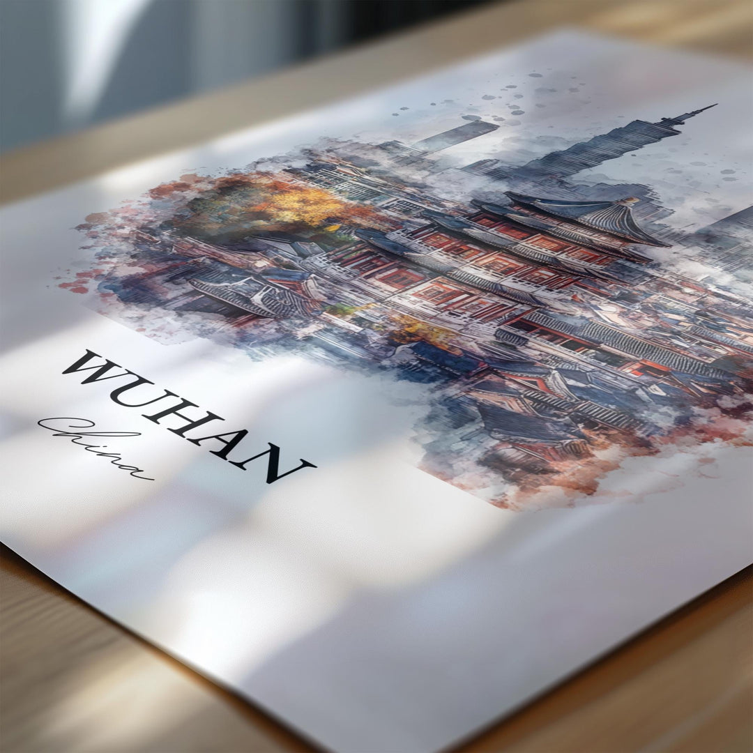 Wuhan China Wall Art, Wuhan Skyline Print, China Watercolor Art, Wuhan China Gift, Travel Print, Travel Poster, Housewarming Gift