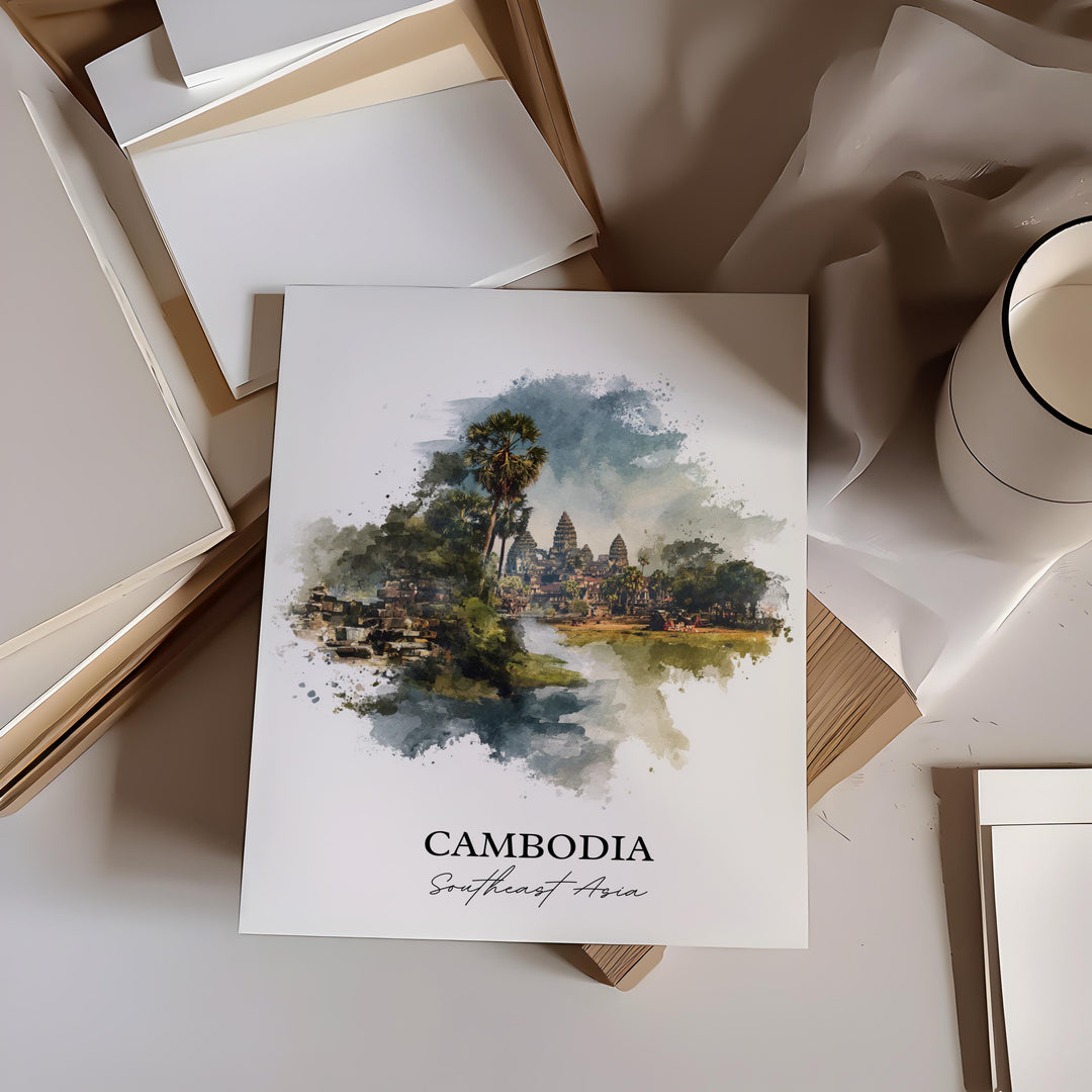 Cambodia Wall Art, Cambodia Print, Cambodia Watercolor Art, Cambodia Country Gift, Travel Print, Travel Poster, Housewarming Gift