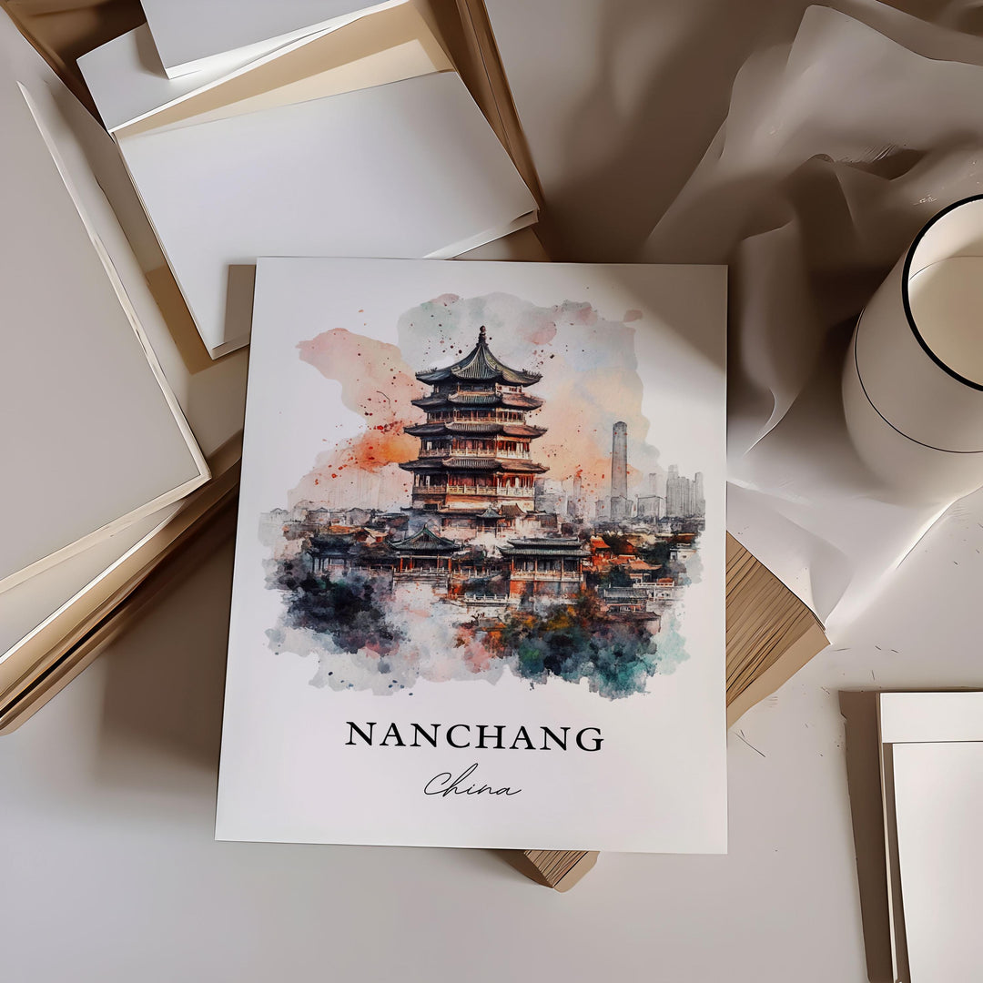 Nanchang Wall Art, Nanchang China Print, Jiangxi Province Watercolor Art, Jiangxi China Gift, Travel Print, Travel Poster, Housewarming Gift