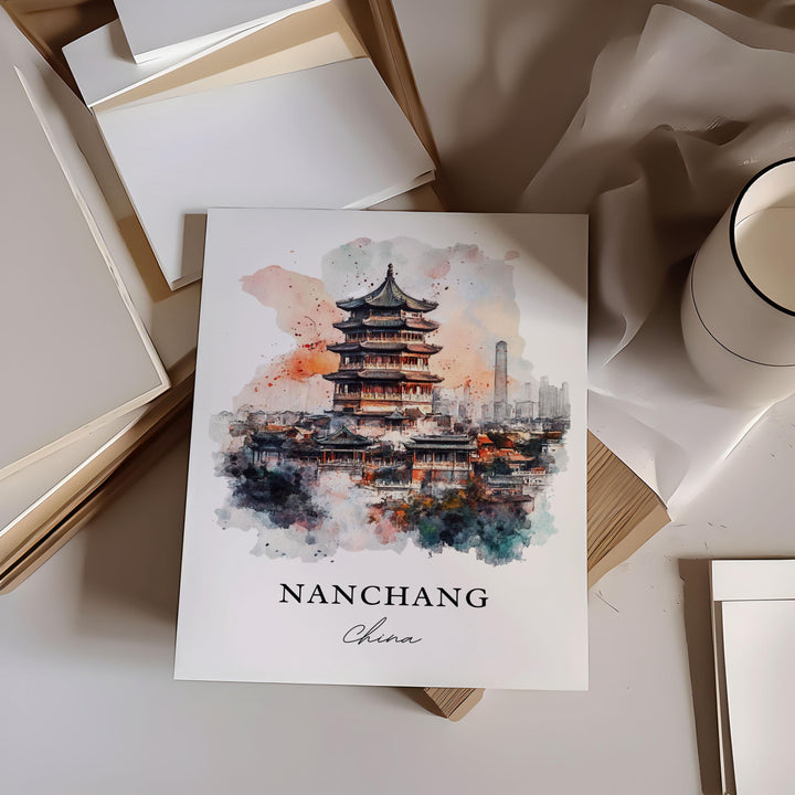 Nanchang Wall Art, Nanchang China Print, Jiangxi Province Watercolor Art, Jiangxi China Gift, Travel Print, Travel Poster, Housewarming Gift
