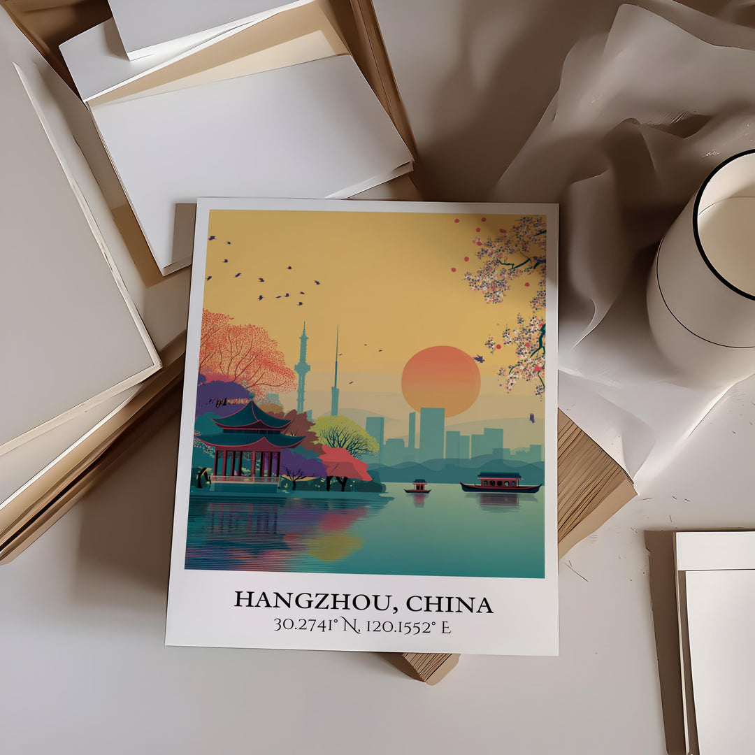 Hangzhou Art, Hangzhou Retro Travel Art, Hangzhou China Home Decor, Hangzhou Gift, China Travel Art, Travel Prints, Housewarming Gift