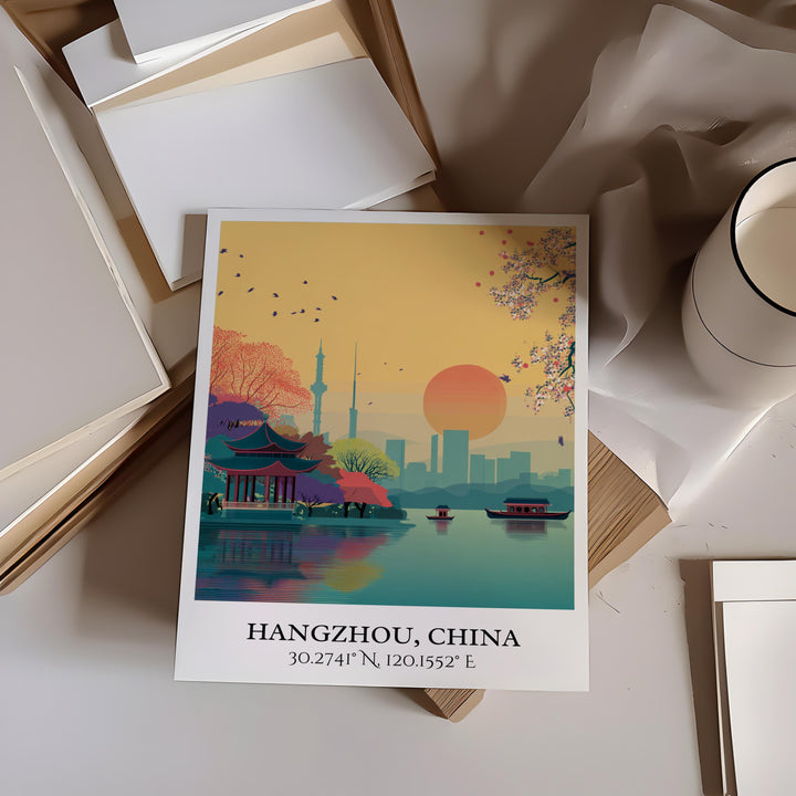 Hangzhou Art, Hangzhou Retro Travel Art, Hangzhou China Home Decor, Hangzhou Gift, China Travel Art, Travel Prints, Housewarming Gift