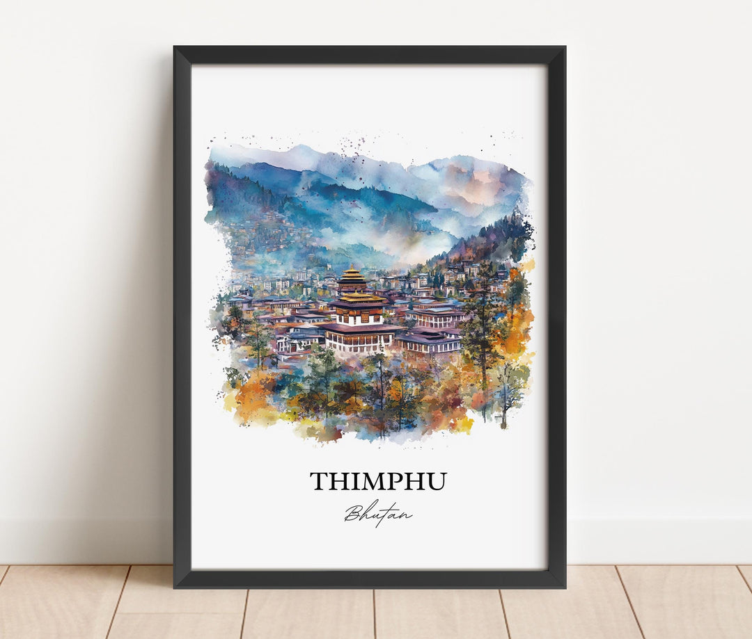 Thimphu Wall Art, Thimphu Bhutan Print, Bhutan Watercolor Art, Thimphu Bhutan Gift, Travel Print, Travel Poster, Housewarming Gift